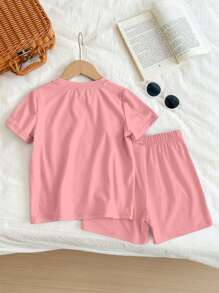 SHEIN Leap Crew Conjunto informal de dos piezas para niña con estampado de Ramadán, cuello redondo y mangas cortas con pantalones cortos holgados para el verano