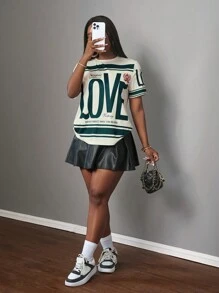 Slaydiva Áo thun họa tiết thời trang đường phố dành cho nữ mùa xuân và mùa hè mới thường ngày đường phố màu mơ sọc xanh lá cây in khẩu hiệu chữ tình yêu áo phông nữ - Màu be - Xem 7