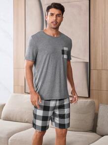 SHEIN 男士格子印花短袖和短裤两件套睡衣套装 - 灰色 - 查看 5