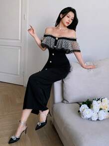 Feyla Abito donna di media lunghezza con scollo spalle scoperte, arricciatura e inserti in rete a pois