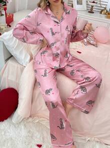 Valentine's Day Heart Cat Pattern Satin Lapel Women Pink Pajama Set - Multicolor - View 3