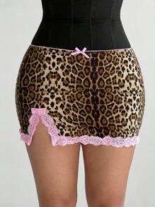 Sweetina 豹纹撞色蕾丝边高开叉紧身迷你裙 - 棕色 - 查看 1