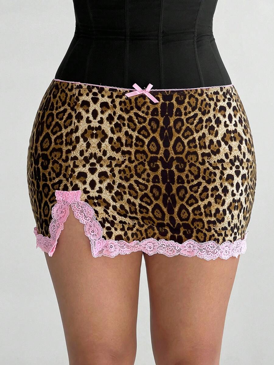 Sweetina 豹纹撞色蕾丝边高开叉紧身迷你裙 - 棕色 - 查看 1