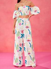 Miriam Omar Designer Boho Bohemian Floral Printed Lantern Sleeves Strapless Top With Flared Pants Set, Festival - Multicolor - View 6
