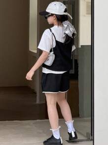 DAZY Tween Girl Contrast Color 2 In 1 Short Sleeve Top And Shorts Casual Set - Black and White - View 2