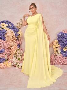 SHEIN Belle Plus Size Elegant Minimalist Romantic Yellow Asymmetrical Sleeve Maxi Bridesmaid Dress - Yellow - View 6