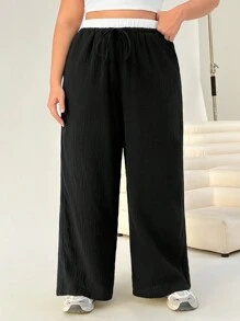 SHEIN EZwear Plus Size High Waist Black & White Contrast Palazzo Pants,Spring Summer Clothes - Black and White - View 5
