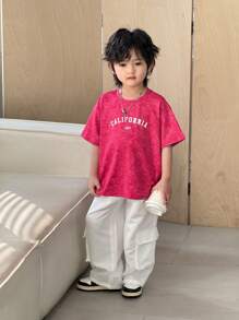 2pcs/Set Tie Dye Design Young Boy Casual Loose Fit Round Neck Short Sleeve T-Shirt And Solid Color Drawstring Waist Pockets Cargo Pants Outfit