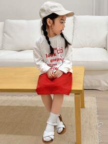 DAZY Set de 2 piezas de parte superior de manga larga con cuello redondo estampada y falda entallada para niña, para primavera/verano - Beis - Ver 4
