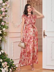 SHEIN Maternity Tie Dye Ruffle Edge Cap Sleeve Elegant Dress - Multicolor - View 6