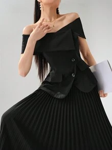 Modelyn Elegant Shoulder Strap Top And Pleated Midi Skirt Women's 2 Pieces Suit, Business Professional Outfit - Black - View 2