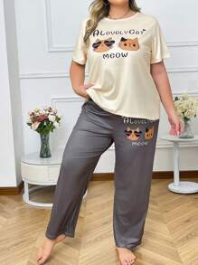 Conjunto de pijama de 2 piezas de camiseta de manga corta y pantalones con estampado de gatito lindo talla grande para mujer