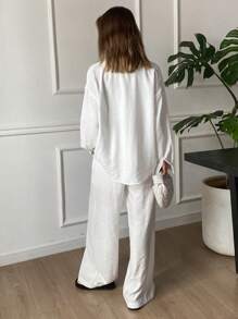 Livesso Conjunto informal de 2 piezas de estilo vintage para el verano, camisa de manga larga de corte holgado y pantalones de pierna ancha para mujer, conjunto de ropa de estar en casa para otoño para mujeres - Blanco - Ver 2