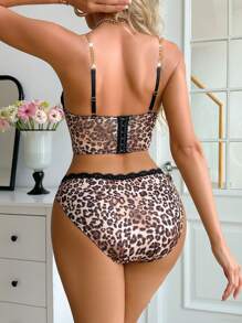 2pcs/Set Women Leopard Print Metal Chain Lace Patchwork Bra Set - Multicolor - View 2