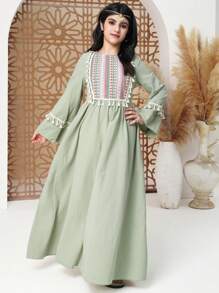 少女纯色长袖简约休闲日常连衣裙 - 綠色 - 查看 4