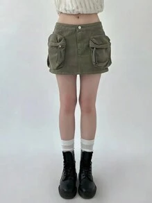 DAZY 女士3D口袋低腰迷你牛仔裙，四季皆宜的低腰牛仔裙 - 灰色 - 查看 3