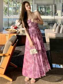 DAZY Women Floral Print Ruched Bandeau Midi Vacation Dress Summer Sundress