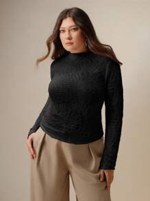 Anewsta Kaos Wanita Ukuran Besar Modis Elegan Serbaguna Kasual Lengan Panjang Pas Badan, Musim Semi/Panas - Hitam - View 1