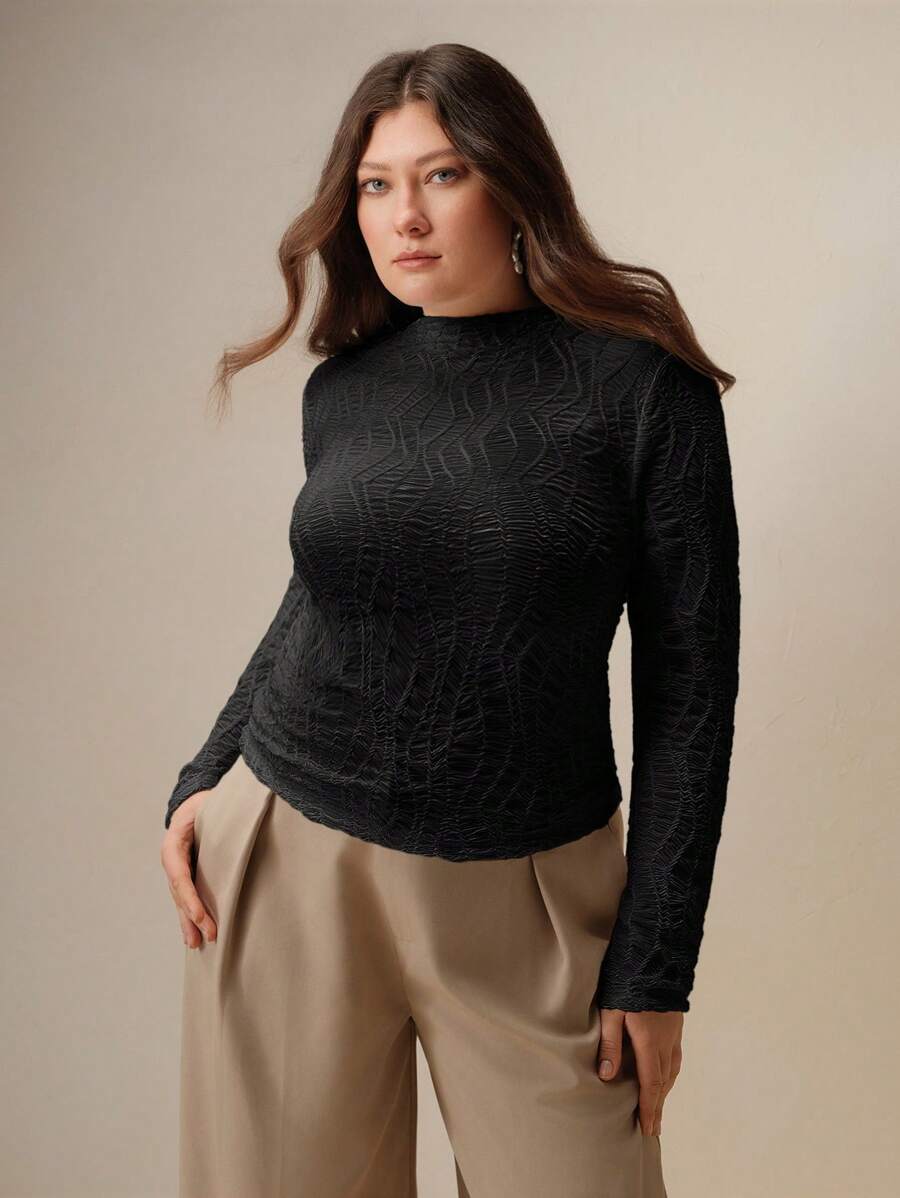 Anewsta Kaos Wanita Ukuran Besar Modis Elegan Serbaguna Kasual Lengan Panjang Pas Badan, Musim Semi/Panas - Hitam - View 1