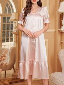 V-Neck Single Breasted Ruffle Trim Faux Silk Short Sleeve Nightgown - Dusty Pink - View 6