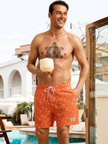 Surfspeed Men's Palm Tree & Letter Print Drawstring Waist Beach Shorts Men Swim Trunks - Multicolor - View 5