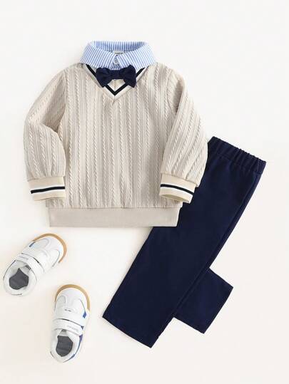 Souflis Souflis 3pcs/Set Baby Boys Elegant Fashion School Style Blue & White Striped Long Sleeve Shirt, Red Crew Neck Sweater, And Black Pants With Black Bowtie, Suitable For Autumn/Winter, Great For Outings, Christmas Parties, Family Gatherings, Weddings, And Photo Shoots