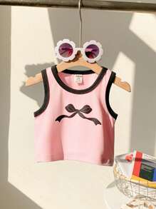 女婴婴儿和幼儿（0-3 岁）休闲百搭时尚黑色和粉色撞色蝴蝶结装饰无袖上衣，适合室内和室外穿着 - 粉色 - 查看 7