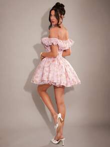 SHEIN BAE 优雅甜美浪漫荷叶边蕾丝露肩紧身泡泡袖连衣裙，适合春秋冬季，粉色碎花，公主裙，情人节，派对，约会，伴娘，舞会，工作，生日礼物 - 粉色 - 查看 2