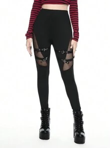 ROMWE Grunge Punk PUNK Style Mesh Patchwork Eyelet Strap Mid-Waist Leggings - Black - View 1