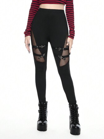 Grunge Punk Leggings mi-taille style PUNK en patchwork de maille et œillet