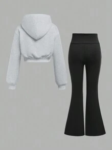 Set de 2 piezas de niña preadolescente: sudadera holgada informal y mallas con forro térmico talla grande grueso