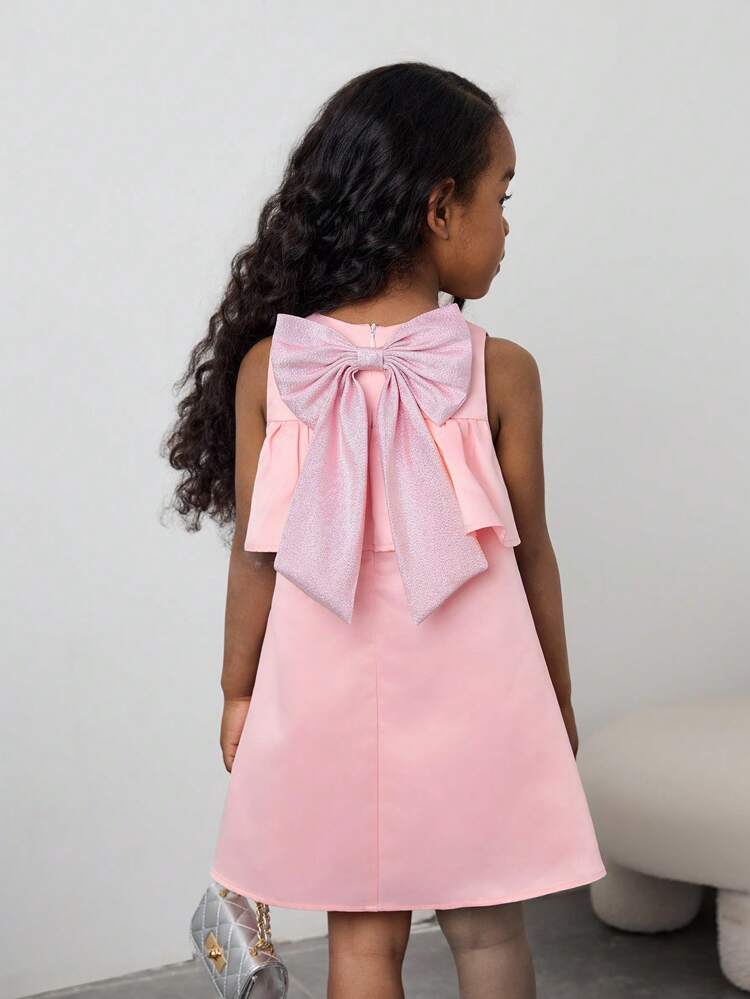 Young Girl Loose Casual Bowknot Decor Ruffle Hem Dress