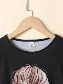 SHEIN Tween Girl Drop Shoulder Splice Floral Ruffle Graphic Short Sleeve Casual T-Shirt - Black - View 4