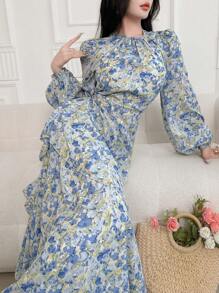 Feyla 女士优雅浪漫油画印花灯笼袖连衣裙春季、情人节波西米亚风太阳裙演唱会服装女装