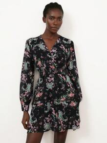 Aveloria Modichic Elegante vestido corto de mujer con mangas abombadas y largas, cintura fruncida, falda plisada, estampado floral de gasa y escote calado