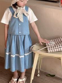 DAZY Young Girl Solid Color Patchwork Wide Strap Button Decor Minimalist Top And Denim Skirt Matching Set,Girls Summer Outfits - Blue - View 7