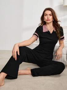2pcs Women Collared Pullover Loungewear Set, Black & Pink - Multicolor - View 2
