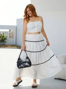 SHEIN EZwear Plus Size White Color Block Floral Trim Long Skirt, Spring/Summer Resort Wear - White - View 3