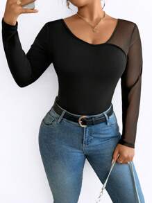 Calvaya Plus Size Women's Long Sleeve Mesh Patchwork Bodysuit, Slim Fit, Versatile Layering Top