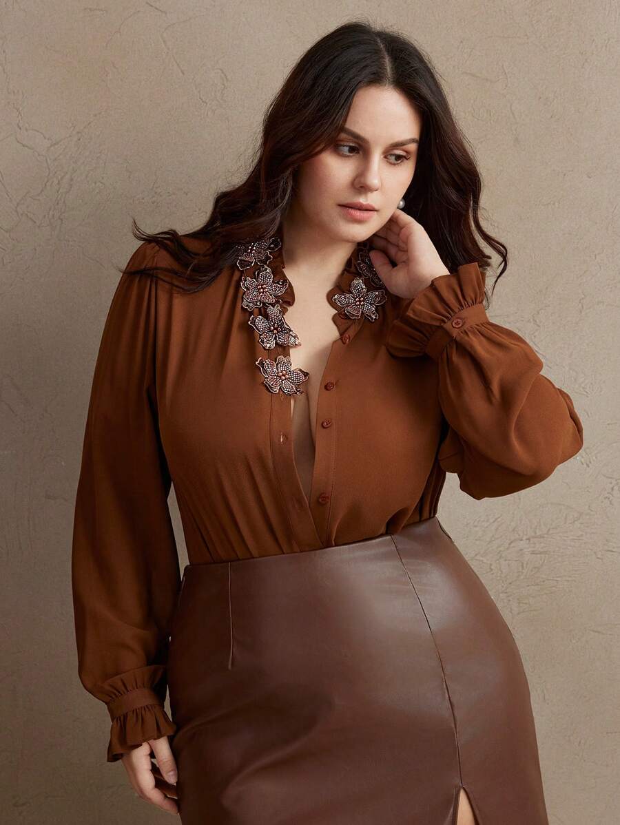 Anewsta 大码优雅长袖 3D 花卉透视灯笼袖刺绣衬衫上衣，适合情人节、暑假、新年 - 咖啡棕 - 查看 1