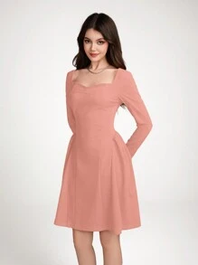 SHEIN Đầm dài tay trễ vai cổ thuyền sang trọng thanh lịch cho bé gái tuổi teen, thích hợp cho tiệc sinh nhật, tiệc cocktail, ngày lễ tình nhân, màu hồng - Bụi hồng - Xem 5