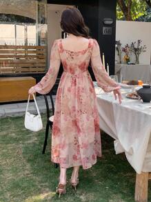 DAZY 女士全印花泡泡袖系带中长连衣裙，秋季长袖连衣裙，度假装扮 - 粉色 - 查看 2
