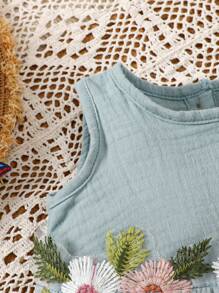 SHEIN 女婴绿色棉质透气无袖花卉刺绣连衣裙，舒适度假风格，适合春夏季外出、派对、拍照、上学，1-9 个月