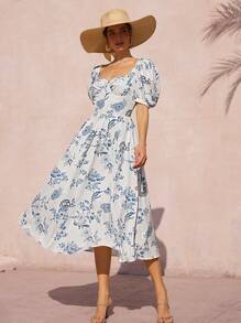 Revavyn White And Blue Floral Summer Elegant Tea Party Holiday Retro French Sweetheart Neck Puff Sleeve Waist Gathered Flared Long All Over Print Boho Dress - Multicolor - View 3