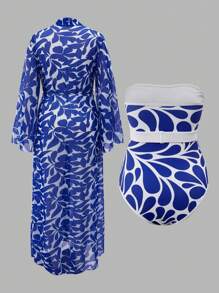 SHEIN Maternity Kimono With Blue Silhouette & Floral Print, Elegant, For Summer Beach Vacation