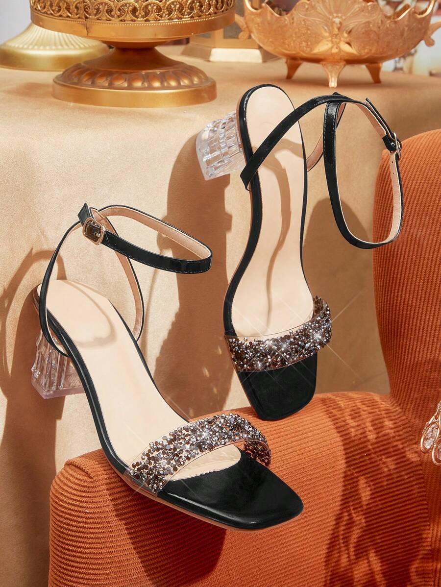 CUCCOO TILAWA Women's Fashion Crystal Heel Glass Rhinestone High Heel Sandals, Suitable For Outings, Banquets And Other Events - Black - View 1