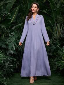 Al Najma Đầm suông họa tiết trang trí cổ đứng truyền thống rộng rãi màu trơn thanh lịch cho nữ, váy Ả Rập, kín đáo - Màu xanh Bạc hà - Xem 6