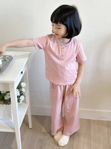 DAZY Ensemble Loungewear pour jeune fille, style minimaliste, décontracté et quotidien, avec un Top à manches courtes de couleur unie et un pantalon long. Tenues d'été pour filles. - Rose bonbon - Voir 6