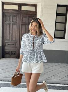 Pariaura Women's Casual Floral Print Shirt With Ruffle Trim And Drawstring Tie, Blouse Top For Spring & Summer - Blue and White - View 4