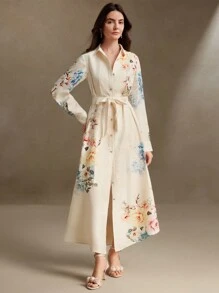 Anewsta Elegant Linen-Like Printed Tie Waist Floral Midi Dress, Spring Outfit For Women - Yellow - View 3
